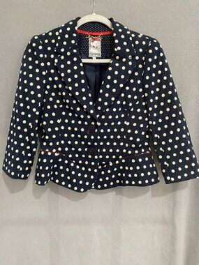 Yoana Baraschi Navy Polka Dot Blazer Jacket Size 6 Peplum Tailored Retro Chic
